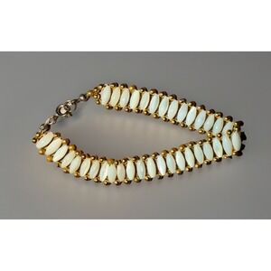 Vintage Elongated Freshwater Pearl Bracelet Gold Plastic Beads